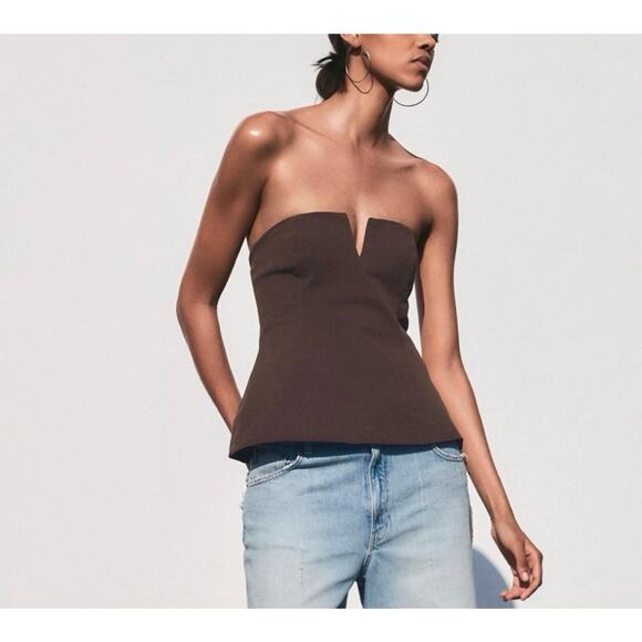 Zara Tops - Zara Linen-Look Strapless Bandeau Top in Dark Brown Size Large 4661/052/700